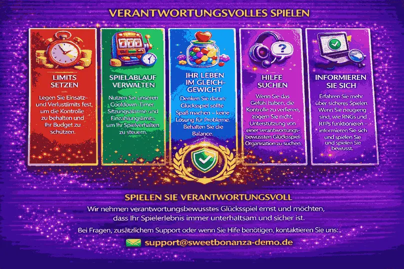 Banner zum verantwortungsvollen Spielen für Sweet Bonanza Demo mit Hinweisen zu Limits, Spielpausen, Balance, Hilfesuche und sicherem Spielverhalten sowie der Kontakt-E-Mail support@sweetbonanza-demo.de